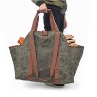 : Oversized Waxed Canvas Firewood Tote with Reinforced Straps